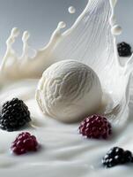Tempting Ice Cream Ball. Creamy White Flavor with Berries Falling into Milk in a Food Shot photo