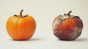 Vibrant Freshness and Decay. Juxtaposing Persimmons in Soft Studio Lighting Against White photo