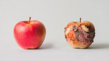 Visual Contrast. Fresh Red Apple and Bruised Counterpart Captured in Bright Studio Light photo