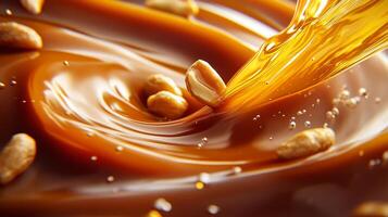 Indulgent Dessert. Glossy Caramel and Crispy Peanuts Pouring Over a Creamy Chocolate Bar photo
