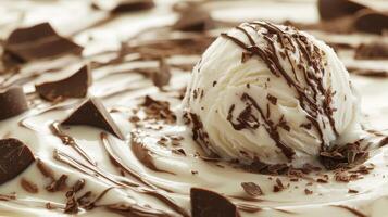 Tempting Ice Cream Ball. Creamy White Chocolate Flavored Treat Falls into Milk in Food Shot photo