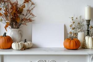 Bright and clean setup featuring a vertical invitation, Halloween decor, and candles on a minimalist table. photo