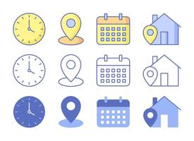 Set of minimalist flat and outline time, date, location icons. Clock, calendar, map pin, house. illustration vector