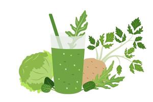 Green Smoothie with Fresh Vegetables and Herbs Including Cabbage, Celery, and Arugula vector