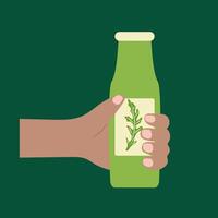 Hand Holding a Green Smoothie in bottle with Fresh Arugula on a Dark Green Background vector