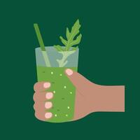 Hand Holding a Green Smoothie with Fresh Arugula on a Dark Green Background vector