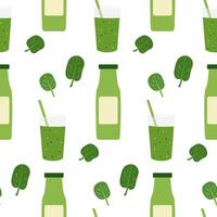 Seamless Pattern of Green Smoothie Bottles, Glasses, and Spinach Leaves on a White Background vector
