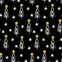Minimalistic Christmas Tree, snowflakes and Star Pattern on Black Background vector