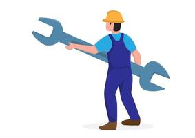 Labor workers, construction workers dressed in worker's uniforms, holding hats or tools vector