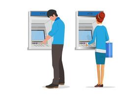 illustration of a man and woman standing to withdraw money from an ATM on a white background. vector