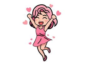 A cheerful girl in a good mood, jumping around with heart-shaped emoticons floating around. vector