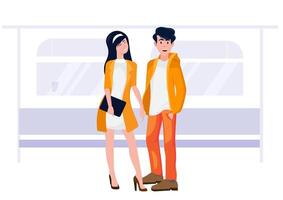 Stylish couple standing together, dressed in modern outfits with warm color palette. vector