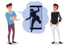 Two men are talking about the call center gang. that is currently spreading, use SMS to enter the system to withdraw money from the bank with a smartphone vector