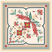 Square Flower Scarf Print Pattern, Traditional Doted Border. vector