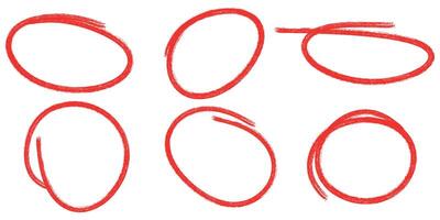 Six hand drawn red circle highlighter, design element grunge shape vector
