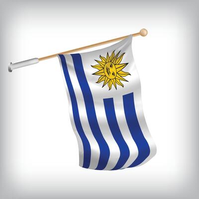 Realistic illustration of Uruguay flags waving on the wall. The set is in the flag collection