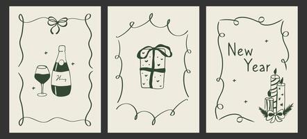 Set of elegant greeting card with vintage wavy frame and new year elements. Champagne glasses and gingerbread in doodle trendy style. vector