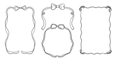 Set of outline scallop frame border in doodle style. Retro frame with wavy border and bow. Brush hand drawn rectangle and circle vector