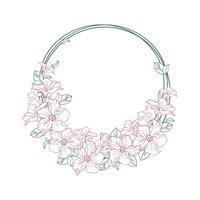 Jasmine circle wreath with line art flower and leaves. Floral frame for card or illustration. background vector
