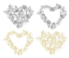 A heart with butterflies drawn around it. The butterflies are of different sizes gold foil. The heart is surrounded by the butterflies, creating a sense of unity and harmony. Valentines day frame set. vector