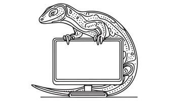 Lizard on a computer monitor, hand drawn illustration vector