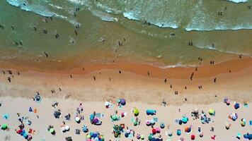 Aerial view of bustling beach with colorful umbrellas and people enjoying sun on summer day video
