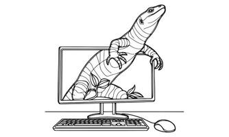 A lizard on a computer screen coloring page vector