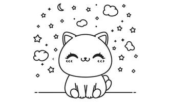 A cat coloring page with stars and clouds vector
