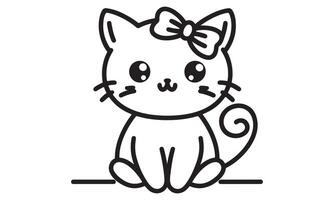 A black and white drawing of a cat with a bow vector