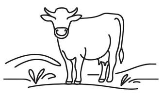 Cow in the field line art illustration vector
