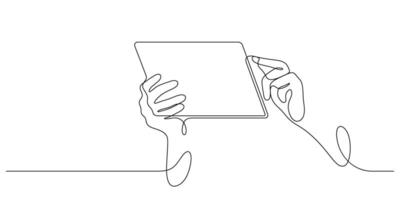 hand using tablet one line drawing continuous working and communication vector