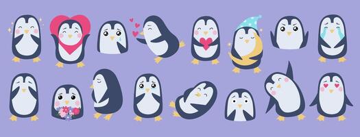 Cute penguins set with different emotions. characters in hand-drawn flat style vector