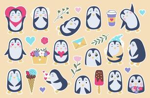 Cute sticker pack with penguins, ice creams, hearts and flowers. penguins with different emotions vector