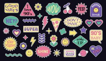 Printable stickers with geometric retro shapes and quotes in the style of the 1990s. colorful elements isolated on a dark background vector
