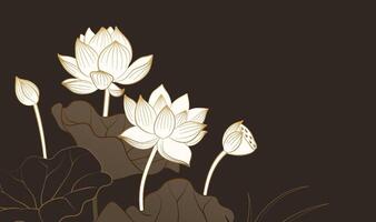 Hand painted elegant linear lotus illustrations on dark background vector