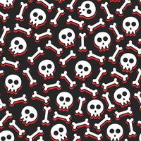 seamless pattern of white skulls and bones with red shadows on an orange background vector