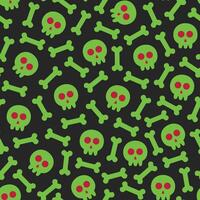 seamless pattern of red-eyed skulls and skeleton bones in green flat design style on red background, horror halloween pattern vector