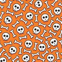Seamless pattern of white skulls and bones with black outline and shadow on orange background vector