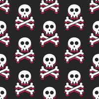 seamless pattern of white skulls and crossbones with black outline and red shadows on a black background vector