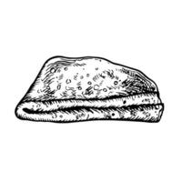 A pancake folded in a triangle. graphic drawing of a pancake. Black and white hand-drawn illustration of food. On a white background. Great for menus, posters or stickers, for cooking recipes. vector