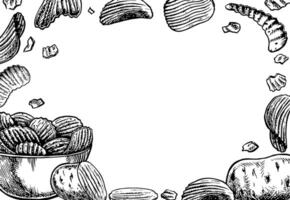 A frame with potato chips. graphics with images of potatoes and fluted chips. Black and white hand-drawn illustration. On a white background. Great for labels, banners, posters and packages. vector