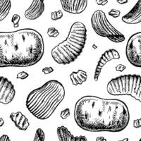 Seamless pattern of potato chips. graphics with images of flat corrugated chips and potato tubers. Hand-drawn black and white illustrations. On a white background. Great for labels, packages. vector
