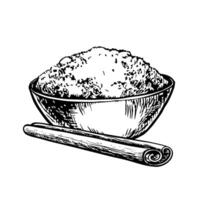 Crushed cinnamon in a bowl. graphics with the image of fragrant spices. A black and white hand-drawn illustration. On a white background. Great for cooking recipes, menus, posters or labels. vector