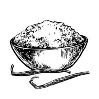 Ground vanilla in a bowl. graphics with the image of fragrant spices. A black and white hand-drawn illustration. On a white background. Great for cooking recipes, menus, posters or labels. vector