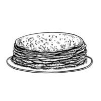 Pancakes on a plate. graphic drawing of pancakes. A black and white hand-drawn illustration of food. On a white background. Great for a menu, poster or label and cooking recipes and invitations vector