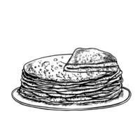 Pancakes on a plate. graphic drawing of pancakes. A black and white hand-drawn illustration of food. On a white background. Great for a menu, poster or label and cooking recipes and invitations vector