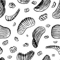Seamless pattern with potato chips. graphics with images of flat corrugated chips. Hand-drawn black and white illustrations. On a white background. Great for labels, banners, posters, packages. vector