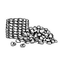 Corn. graphics depicting handfuls of corn kernels and a sliced cob. A black and white hand-drawn illustration. On a white background. Great for stickers, banners, posters and packages. vector