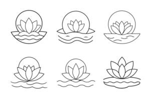 Create a serene line art scene lotus flower and its, a leaf floating on water vector