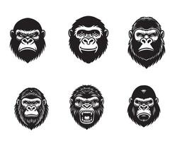 Set of Gorilla Head Silhouette Design - Gorilla face Illustration in black and white vector